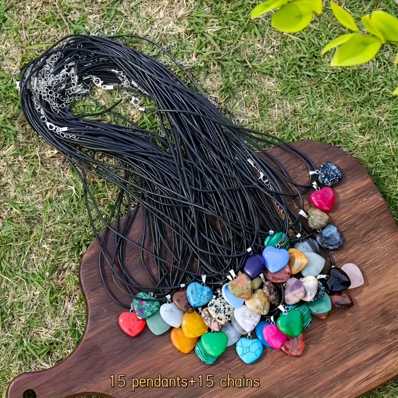 Image of 30pcs Set Of Natural Stone Mixed Heart Pendants With Adjustable Pu Cord, Random Colors, Ideal For Diy Necklace Jewelry Making 15 Pendants + 15 Chains, Gift