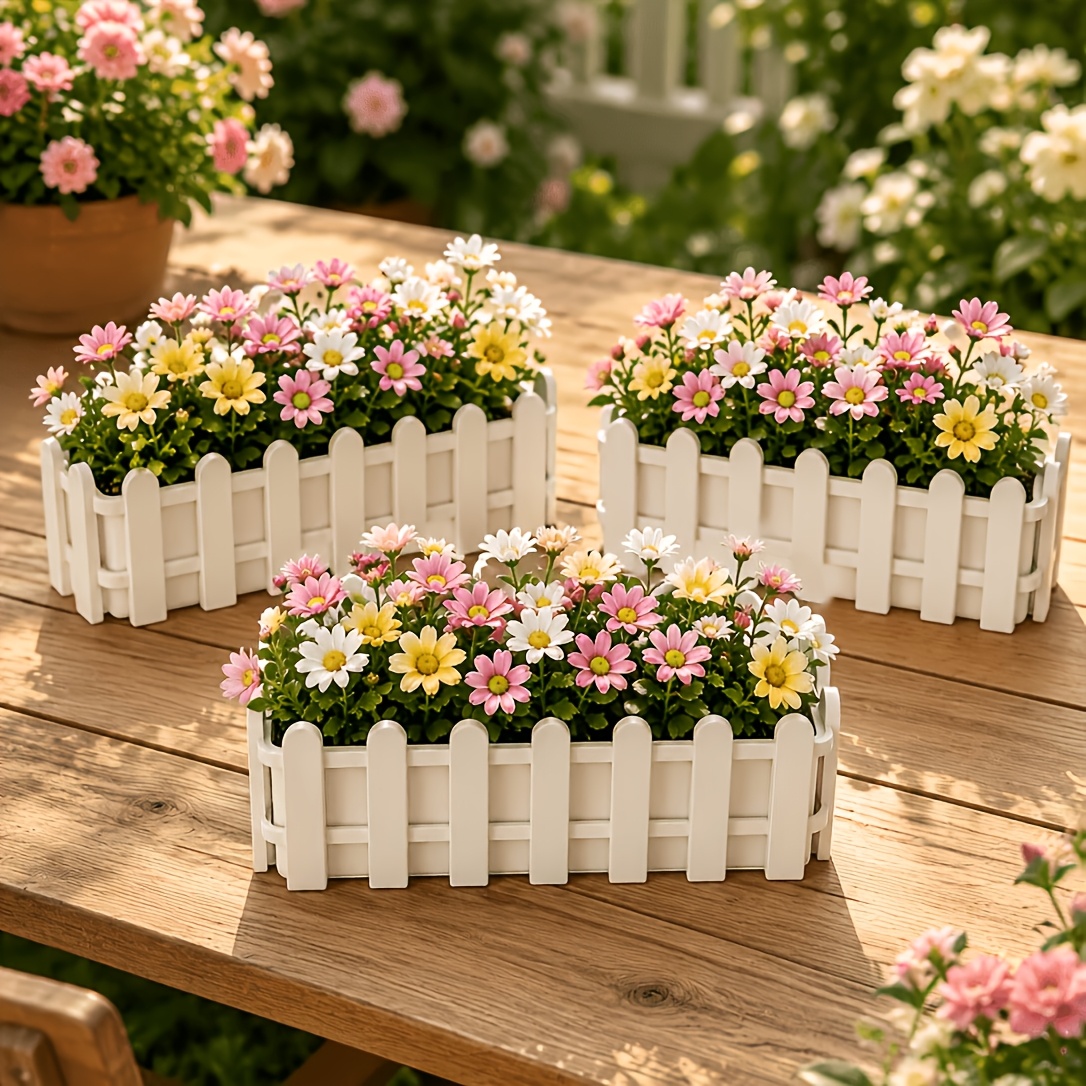 TEMU 3pcs Set Of White Plastic Flower Pots, Suitable For Succulents And Herbs, Rectangular Fence Design Flower Pot With Anti-rust Modern Geometric