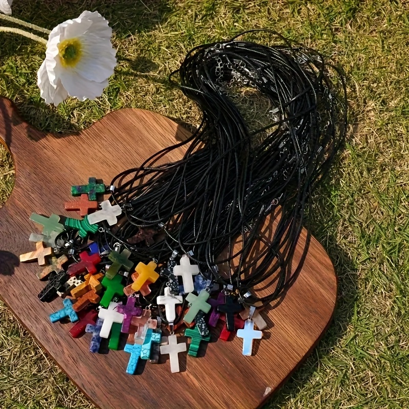 20pcs natural stone cross pendant necklace set chakra gemstone quartz cross necklace decoration with black leather cord jewelry making suitable for necklace jewelry making Product details 2