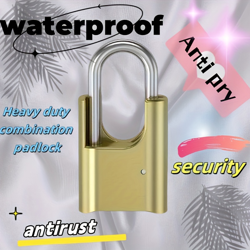 a heavy duty combination padlock with a golden lock at   suitable for locking doors   preventing prying and outdoor use waterproof   and anti pry