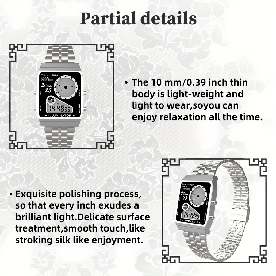 2025 sports watch 30  steel strap   alloy case   with stopwatch alarm clock rectangular dial multi function outdoor electronic movement sleek   for men and women watch details 3