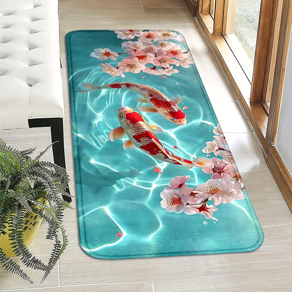 TEMU 3d Floral Koi Fish Doormat - Non-slip, Machine Washable Indoor/outdoor Rug For Home Decor, Flowers, Porch, Carpet