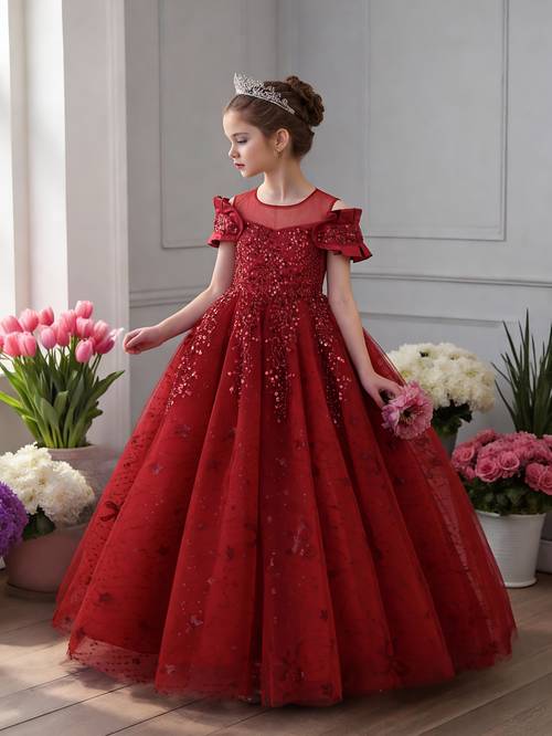 item picture red sequin mesh girls princess dress with bow and star decorations ideal for wedding flower girls birthday parties christmas and