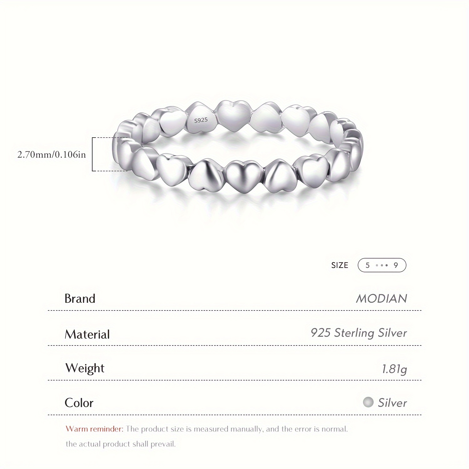 S925 Silvery Full Heart Ring Japanese Version Versatile Ring