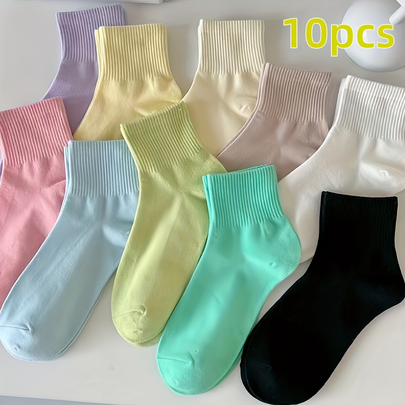 

10 Pairs Candy Colored Socks, Preppy & Breathable Short Socks, Women's Stockings & Hosiery