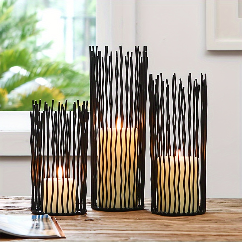 TEMU 3pcs Black Metal Wire Willow Pillar Candleholder Set, Creative Hollow Geometric Candle Holder For Table Centerpiece Fireplace Mantel Decoration,