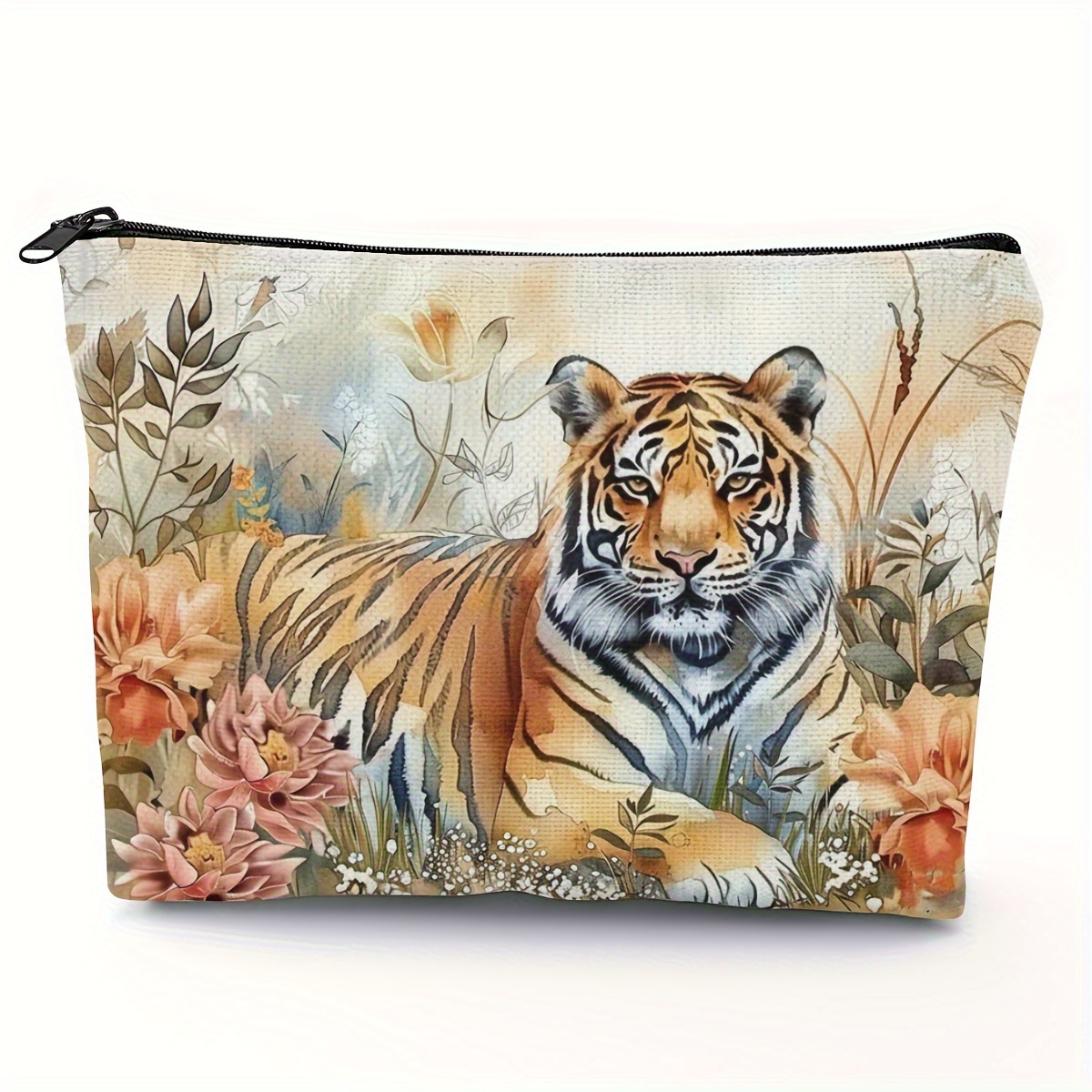 

Vintage Tiger Print Polyester Makeup Bag, Casual Style Large Capacity Cosmetic Travel Pouch, Durable Zipper Closure Hand Washable Toiletry Storage - Ideal Gift, 1pc