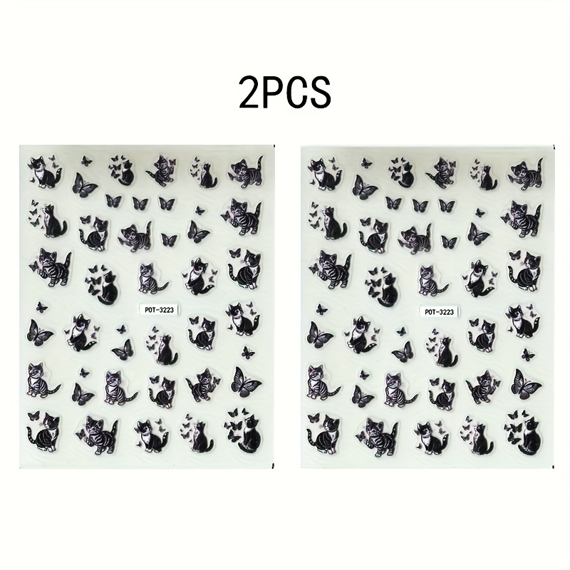 Image of 2 Adorable Cat Nail Art Stickers - Self-adhesive, Featuring A Cartoon With A Sparkling Surface, Perfect For , Ideal For Women And Pet Lovers