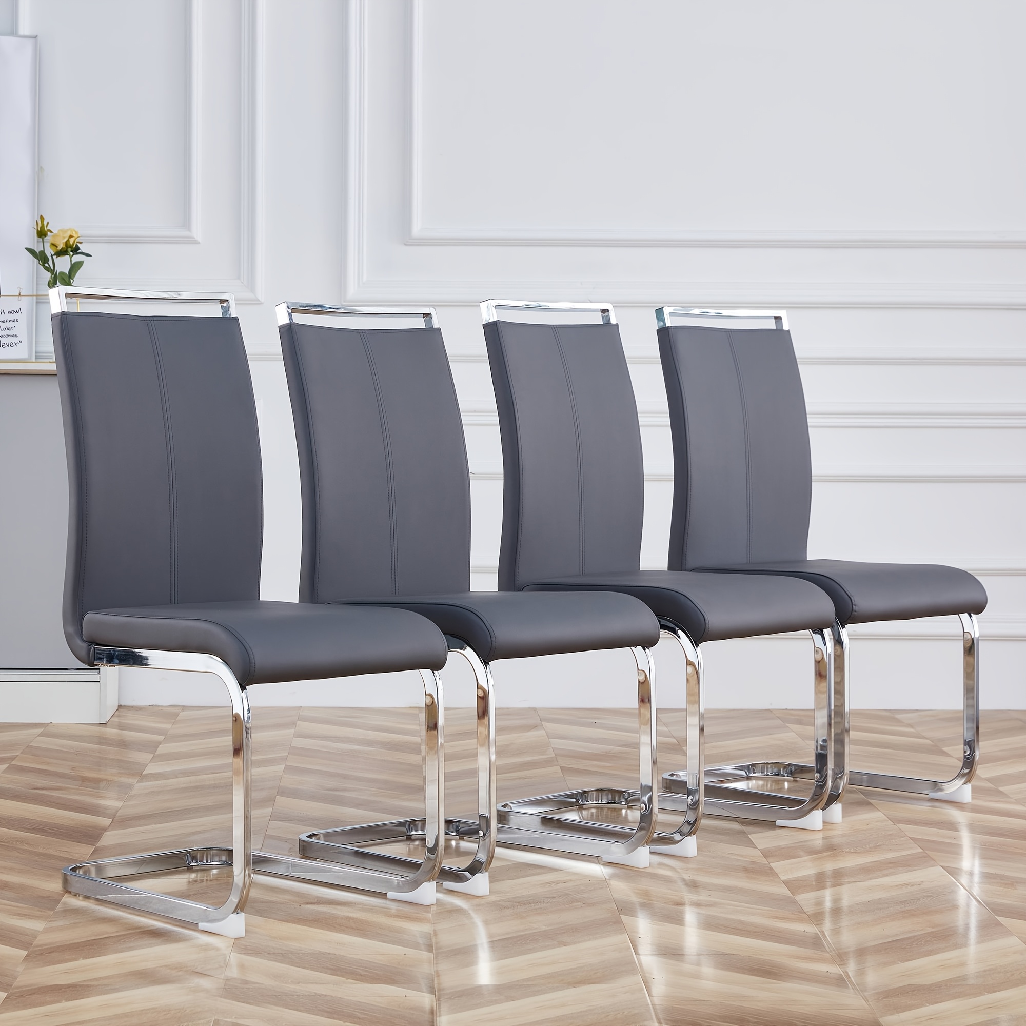 Modern Dining Chairs Set of 4, High Back White Kitchen Chairs, Faux Leather Side Chair with Gold Plated Metal Legs, Easy to Install Upholstered Dining Chairs, Ideal for Living Room, Easy to Install (Golden/Silver Leg) Local Warehouse