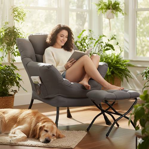modern large accent lounge chair with ottoman sofa armchair suitable for bedroom living room dorm assembly friendly grey no wood padded