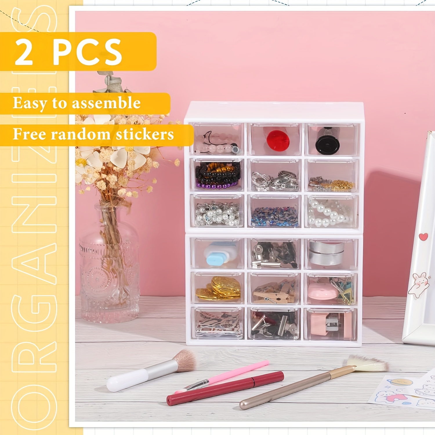 

Mini Desk Organizer With 9 Drawers, Pp Material, For Office Supplies And Jewelry Storage - White