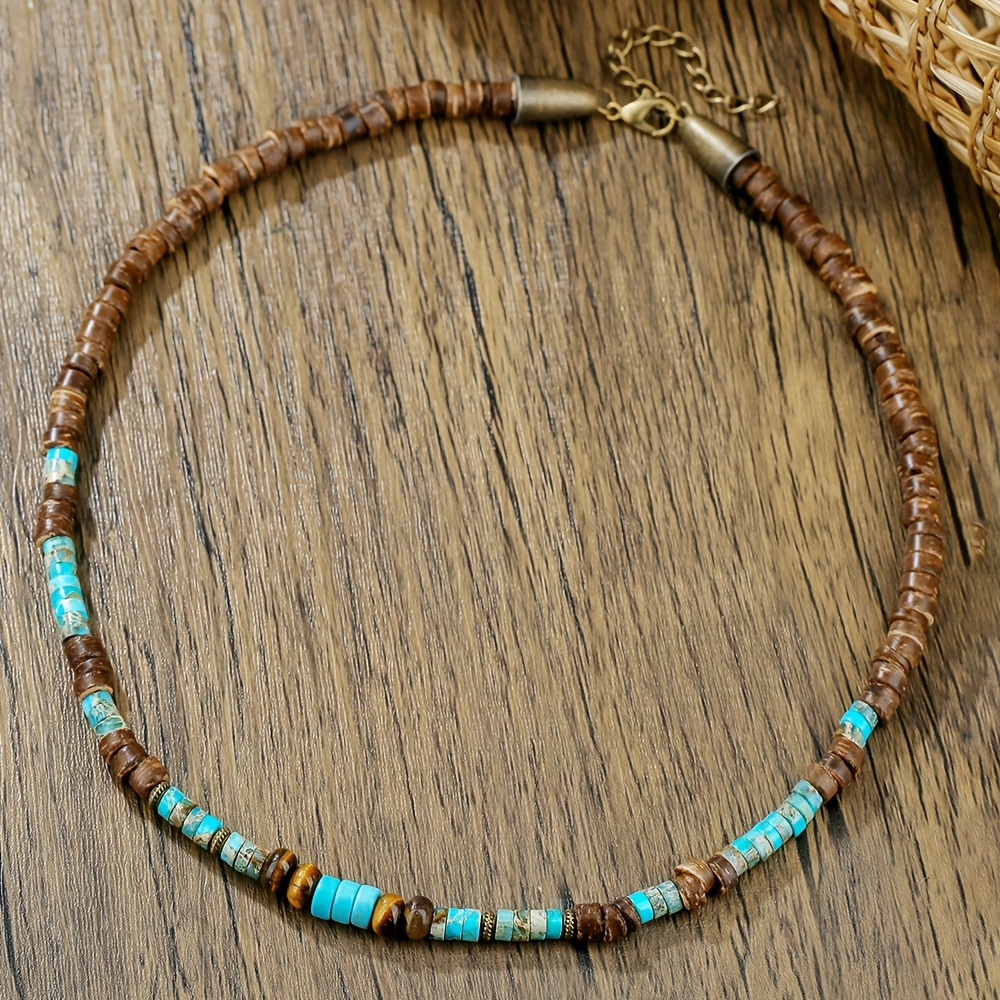 Image of Men's Turquoise Coconut Shell Necklace Beaded Necklace Minimalist Necklace Bohemian Handmade Short Necklace Ethnic Style Surfing Necklace