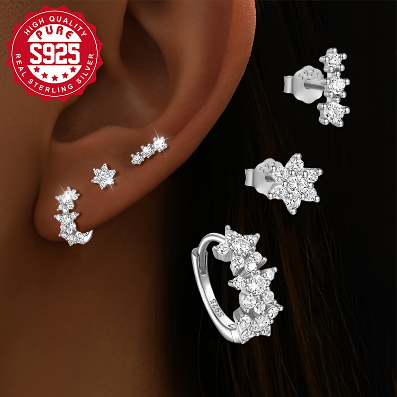 3pcs Set 925 Sterling Silver Stud Earrings with Synthetic Zirconia