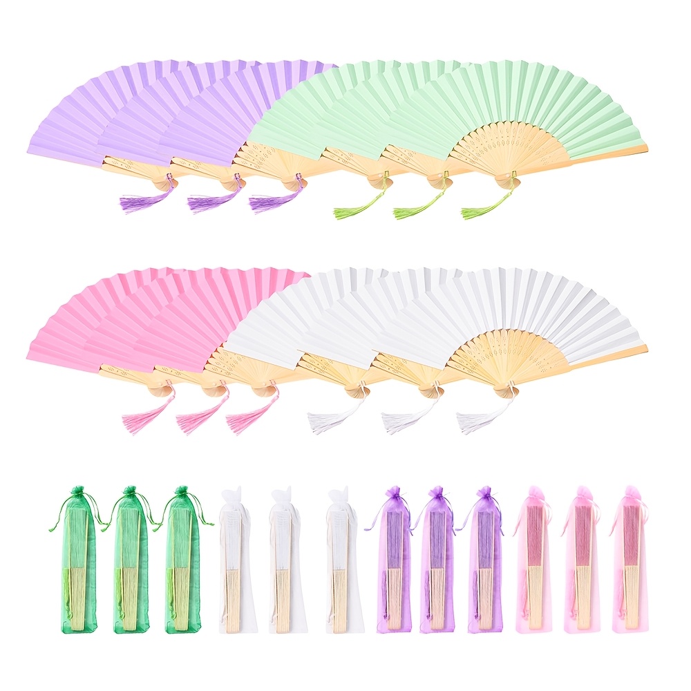 Image of 21pcs Lavender Hand Fan Loose Tassel Bag, 7 Fans, 7 Bags, 7 Tassels, Elegant Bamboo Folding Fan For Wedding Guests, Party Gift, Summer Gift, Decoration