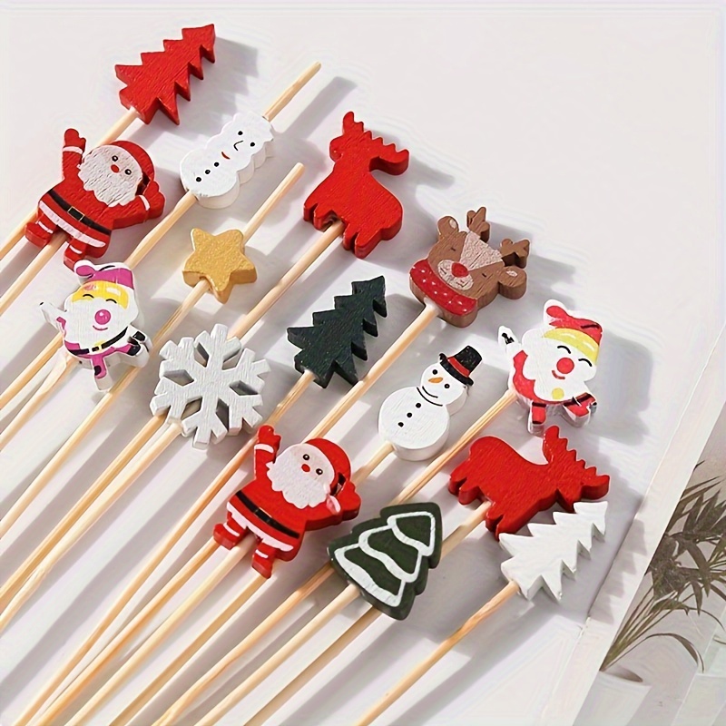 

100pcs, Christmas Bamboo Swab, Christmas Tree Santa Claus Elk Snowman Cake Insert, Christmas Supplies, Disposable Art Toothpick, Fruit Dessert Fork, Fruit Swab