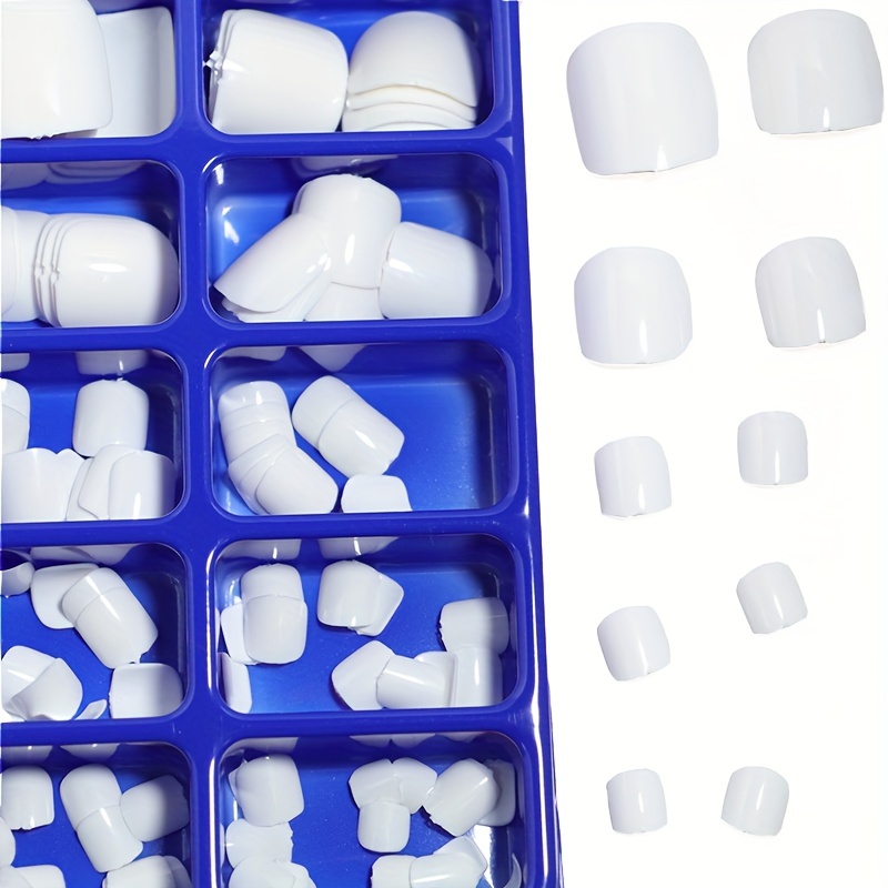 TEMU Lot de 72 faux ongles d'orteil blancs brillants et mats dans une boîte bleue, extensions d'ongles artificielles à couverture complète pour art