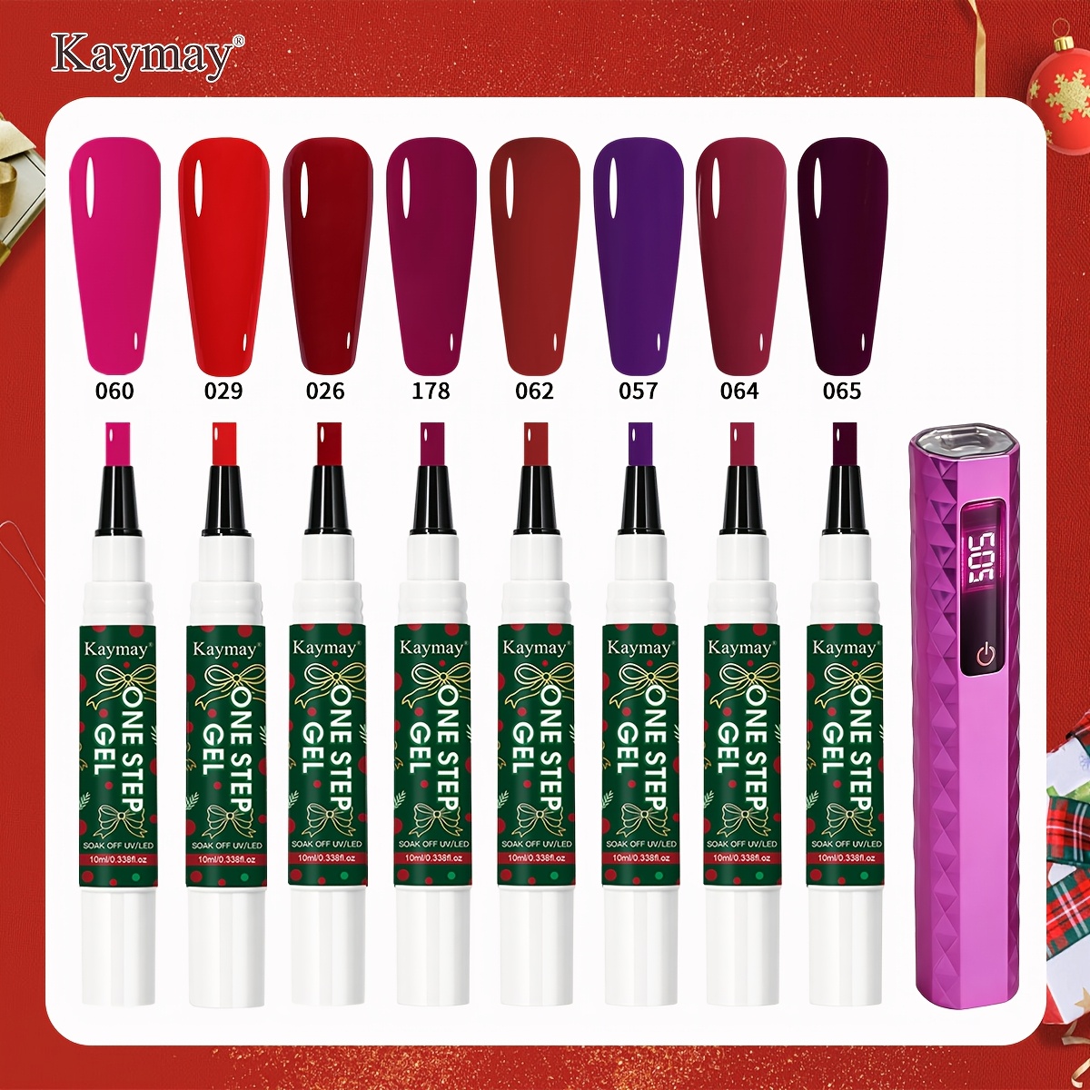 TEMU 9pcs Gel Nail Pen Set With Mini Lamp - 3-in- , / Soak Off Polish, Wine Red Fuchsia & Purple Suitable For Diy Nail Art, Holiday Nail Kit For