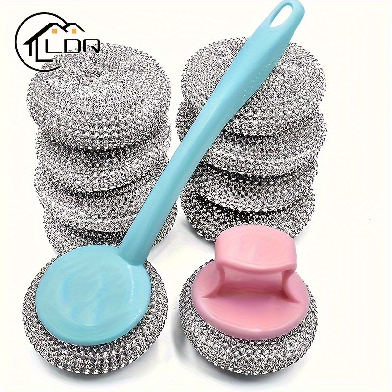 TEMU 10-pack Stainless Steel Wool Scrubber Set With 2 Non-slip Handles - Heavy Duty Metal Scouring Pads For Kitchen, Bathroom & Toilet, Manual Dish Cleaner With Replaceable Sponges