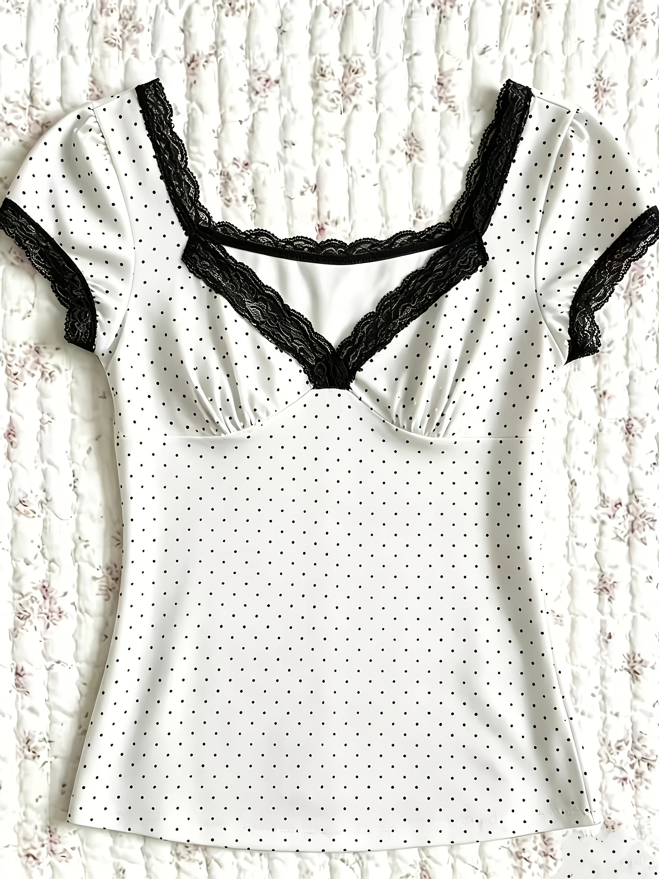 vintage polka dot lace v neck short sleeve t shirt for women  