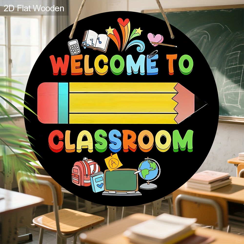 TEMU Benvenuti in classe, piatto 2D, targa per porta insegnante in legno, decorazione da parete da 7.87 pollici, decorazione per classe multiuso,