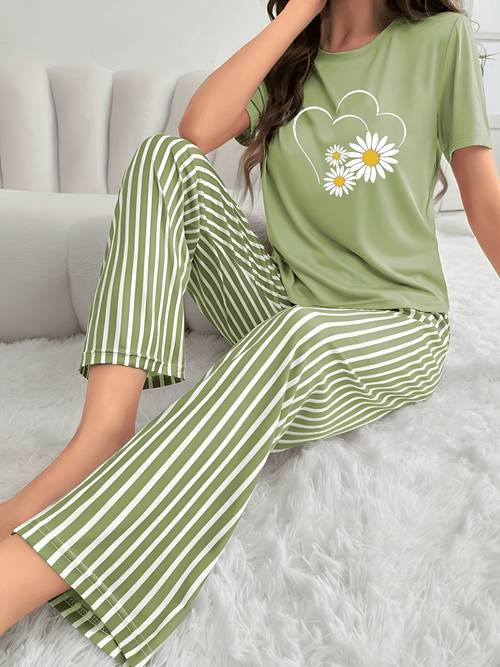set of 2pcs for women featuring a casual and comfy heart patterned short sleeve top with striped long pajama pants