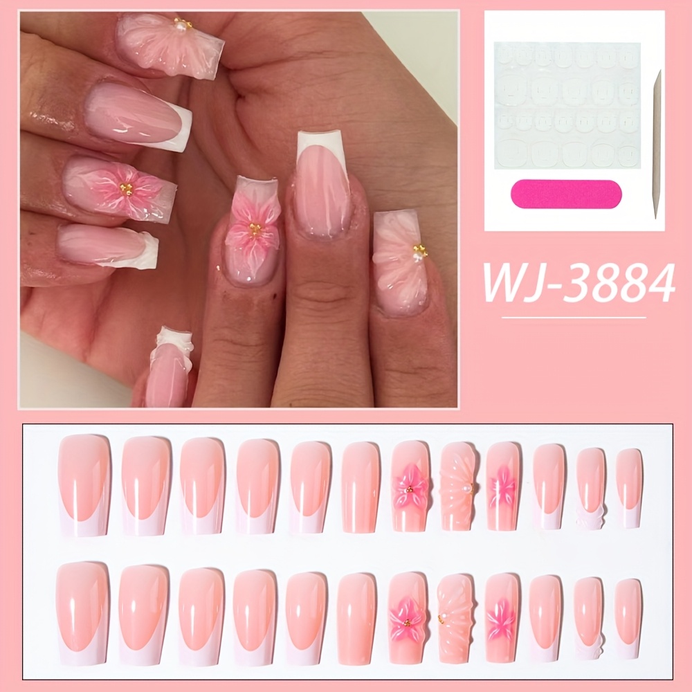 Image of 24pcs Rectangular 3d Gel Nail Stickers, Nail Art, White French Acrylic Press-on Nail Stickers, Long-lasting Fake Nail Set, Including: 1pc And 1pc Nail File