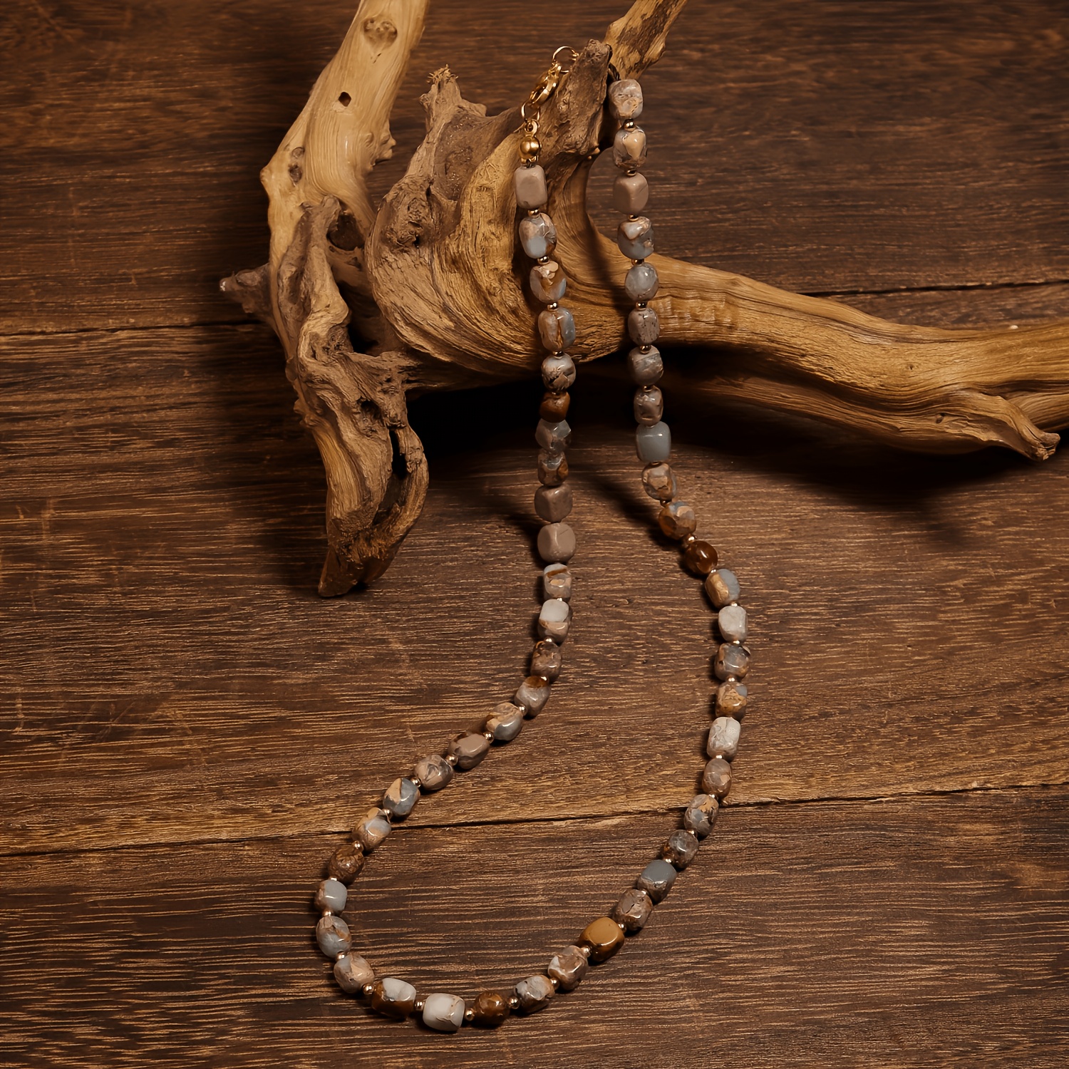 TEMU Lineargems Natural Agalmatolite Stone Necklace - Minimalist Retro Bohemian Square Beads With Natural Stone Suitable For , Daily Wear, Valentine'