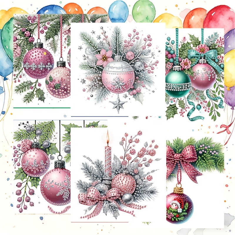 TEMU 6pcs Set Of Unique New Diamond Painting Greeting Cards, Watercolor Pink Green Tassel Candle Bow Christmas Pattern Blessing Cards, Birthday