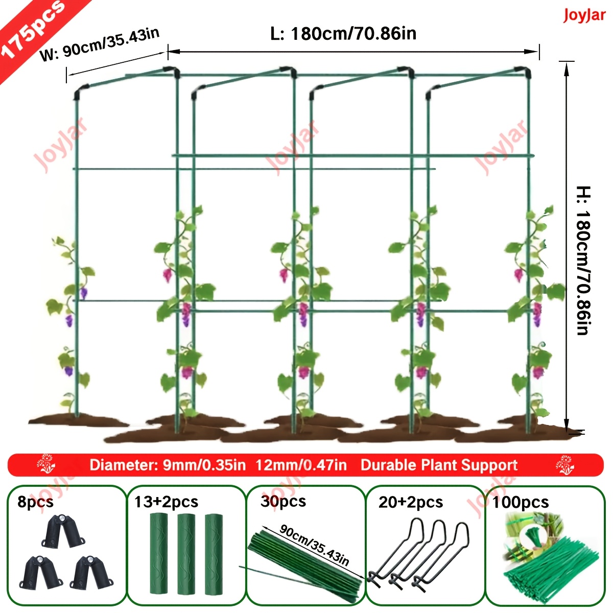 E-shop 175-teiliges extra dickes Metallgestell, /12 mm Durchmesser, inklusive 30 ,62 Zoll Stäbe, 45 Zusatzteile, 100 Kabelbinder, praktischer Ständer,