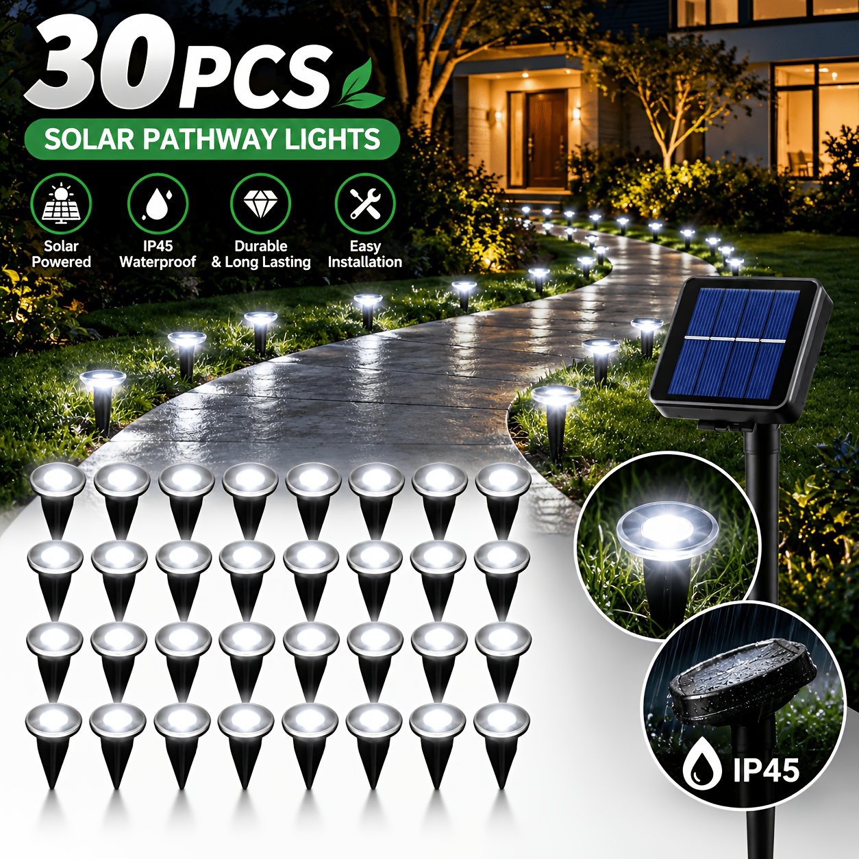 TEMU 30 Led Solar Outdoor Lawn Lights, Ip45 Landscape Pathway Lights, Lights For Yard, Halloween And Christmas Decorations, Suitable For Garden ,