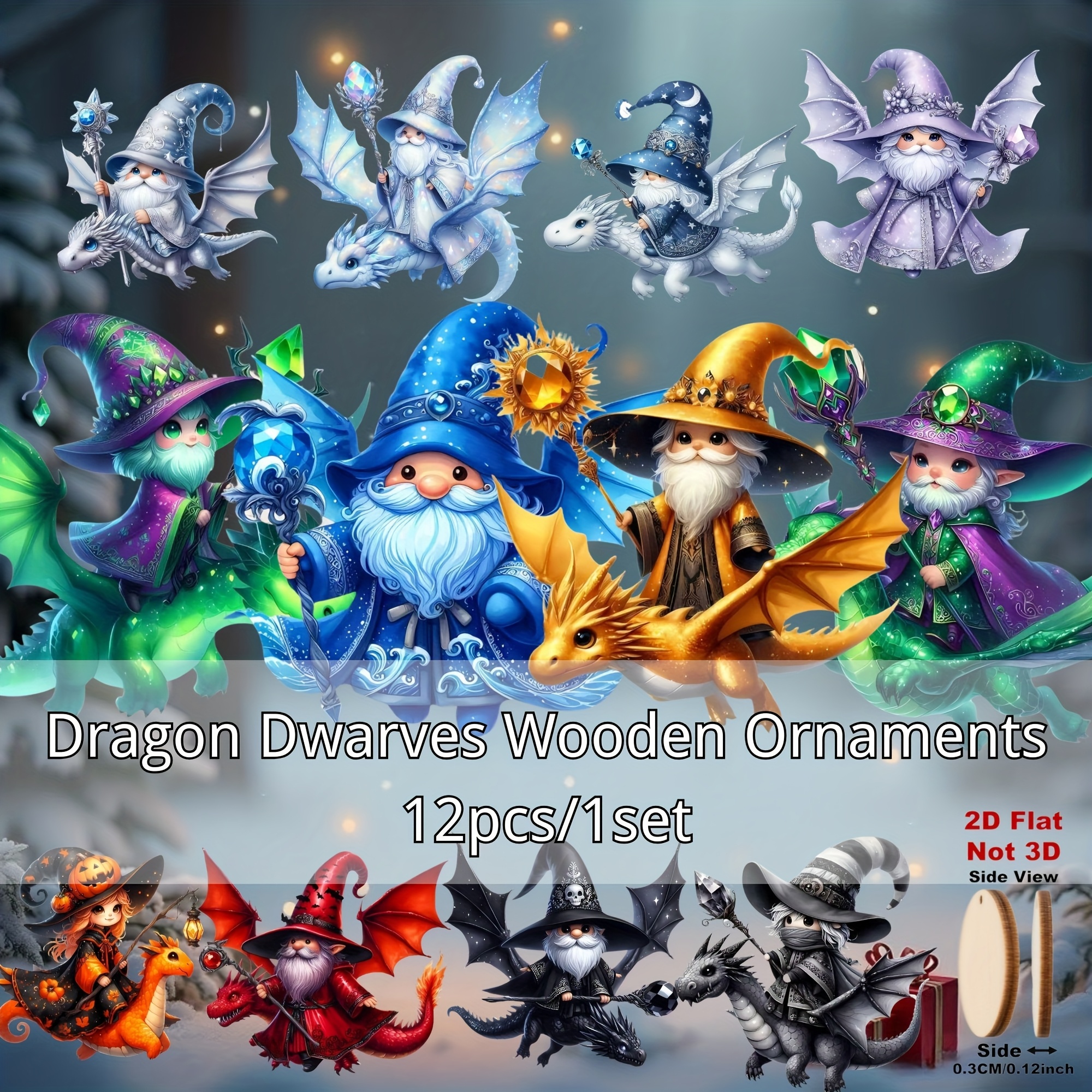 TEMU 2d Flat, 2d Flat, Set Of 12 Flat 2d Wooden Decorative Pieces Featuring A Creative Dwarves And Dragon Theme, Perfect For Christmas, Halloween, Thanksgiving, And New Year's Celebrations