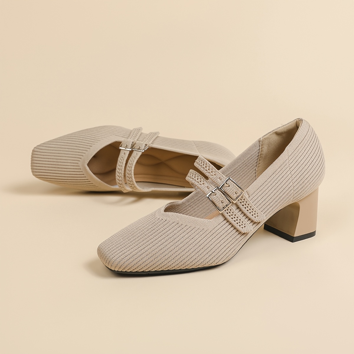 TEMU Ladies' Fairy-style Double- Chunky Heel Shoes, Featuring A Unique Knitted Fabric Comfortable And Soft, With Hollowed-out Straps That Showcase ,