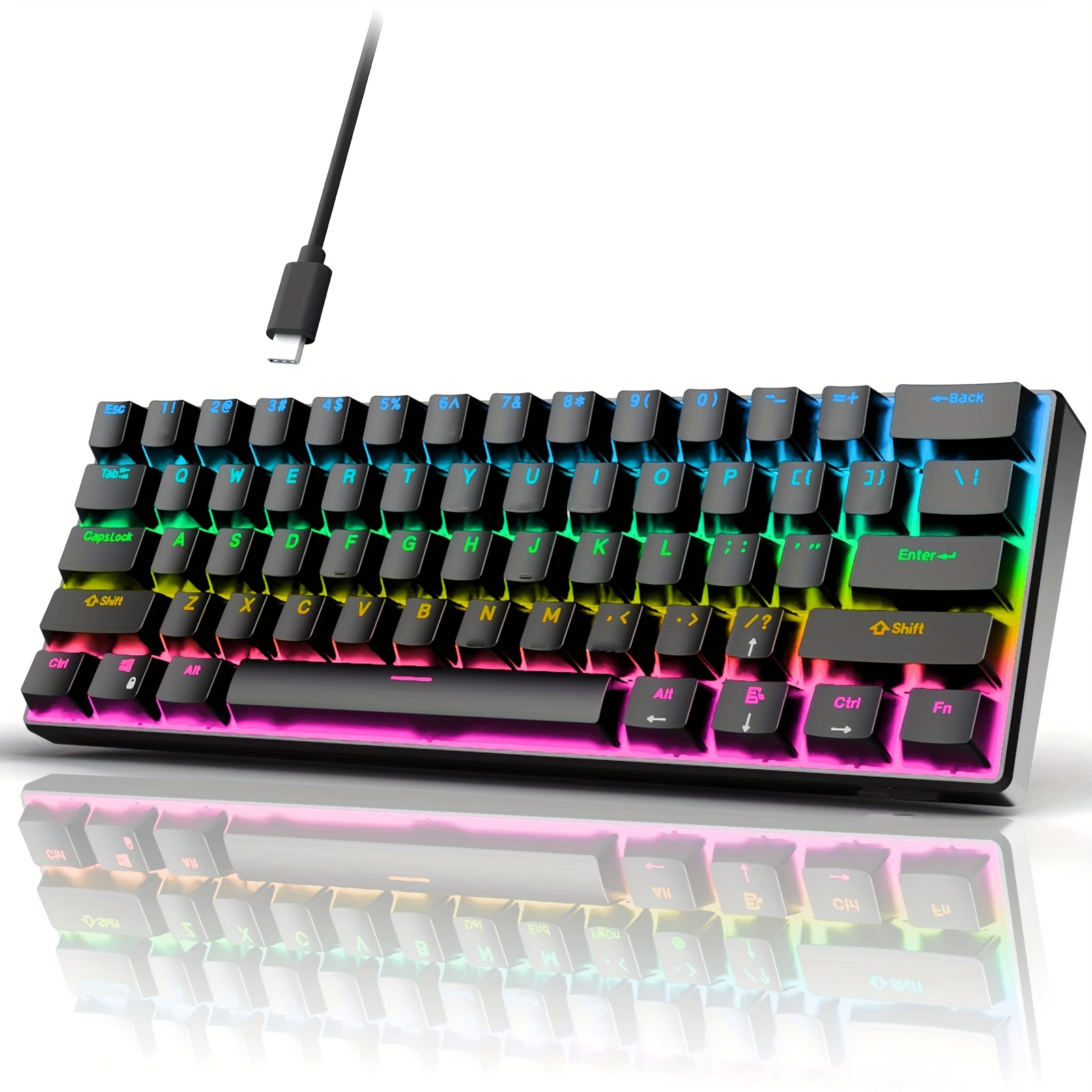 TEMU Ultra Compact 61 Keys Wired Mechanical Keyboard, Rgb Backlight Mini Gaming Keyboard For Desktop Pc, Multi Color