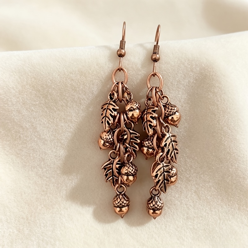 TEMU Vintage Autumn Women's Pendant Earrings, Red Copper Distressed Color, And Combination Tassel, Multi-pendant Cluster Hanging Design, Suitable For