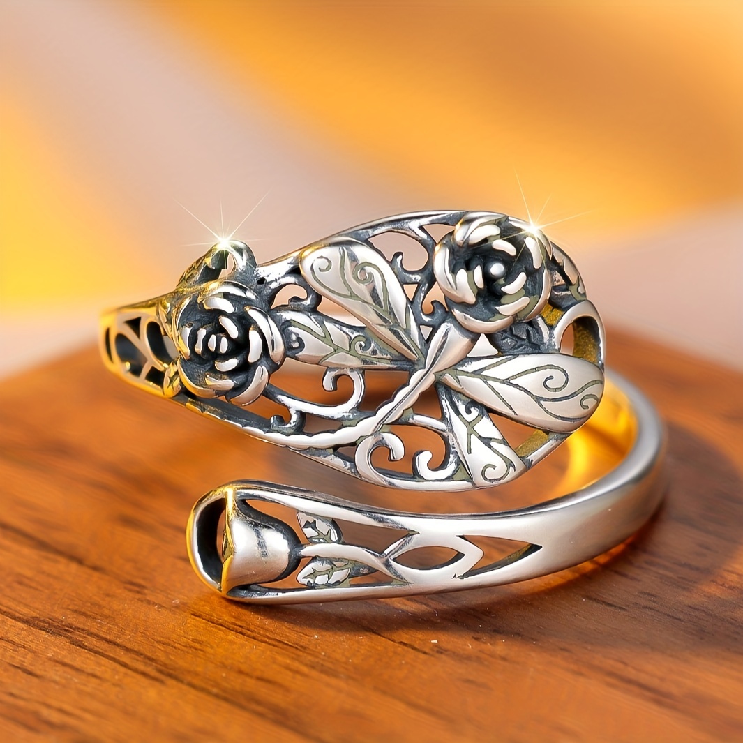 925 Silver Rose & Dragonfly Adjustable Ring Bohemian Style Ideal for Weddings