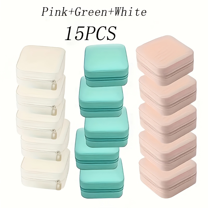 15pcs elegant jewelry organizer boxes pastel pink mint green white zipper closure soft interior lining stackable storage cases for necklaces earrings rings bracelets perfect jewelry gift for women valentines day birthdays anniversaries durable faux leather construction jewelry box ring holder stylish organizer highquality finish fashion accessories jewelry boxes Product details 3