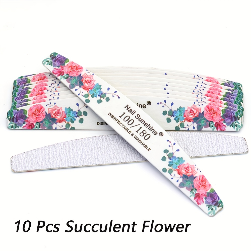 Image of 5/10pcs Packed Professional Wear Resistant Single-sided Printing Purple Succulent Flower Nail File Strip Grit 100/180 Sanding Half Moon Shape Wood Chips Manicue Nails File Tool