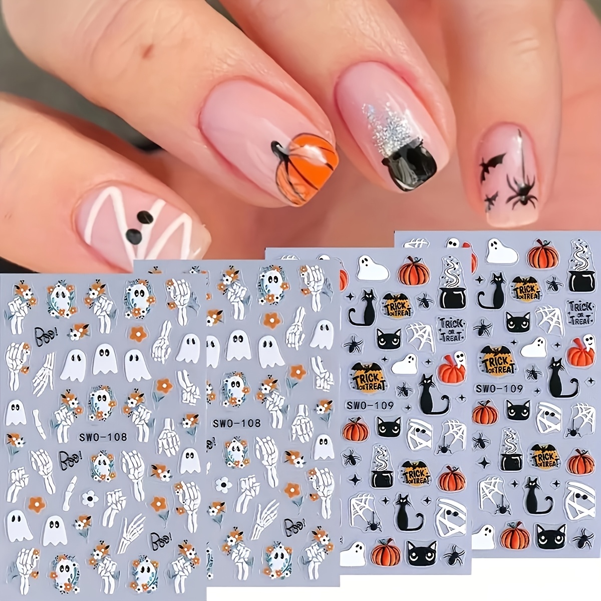TEMU 4 Sheets 5d Embossed Halloween Nail Art Stickers, Cute Pumpkin Skeleton Black Cat Nail Decals, Spooky Trick Or Treat Nail Decorations For Women