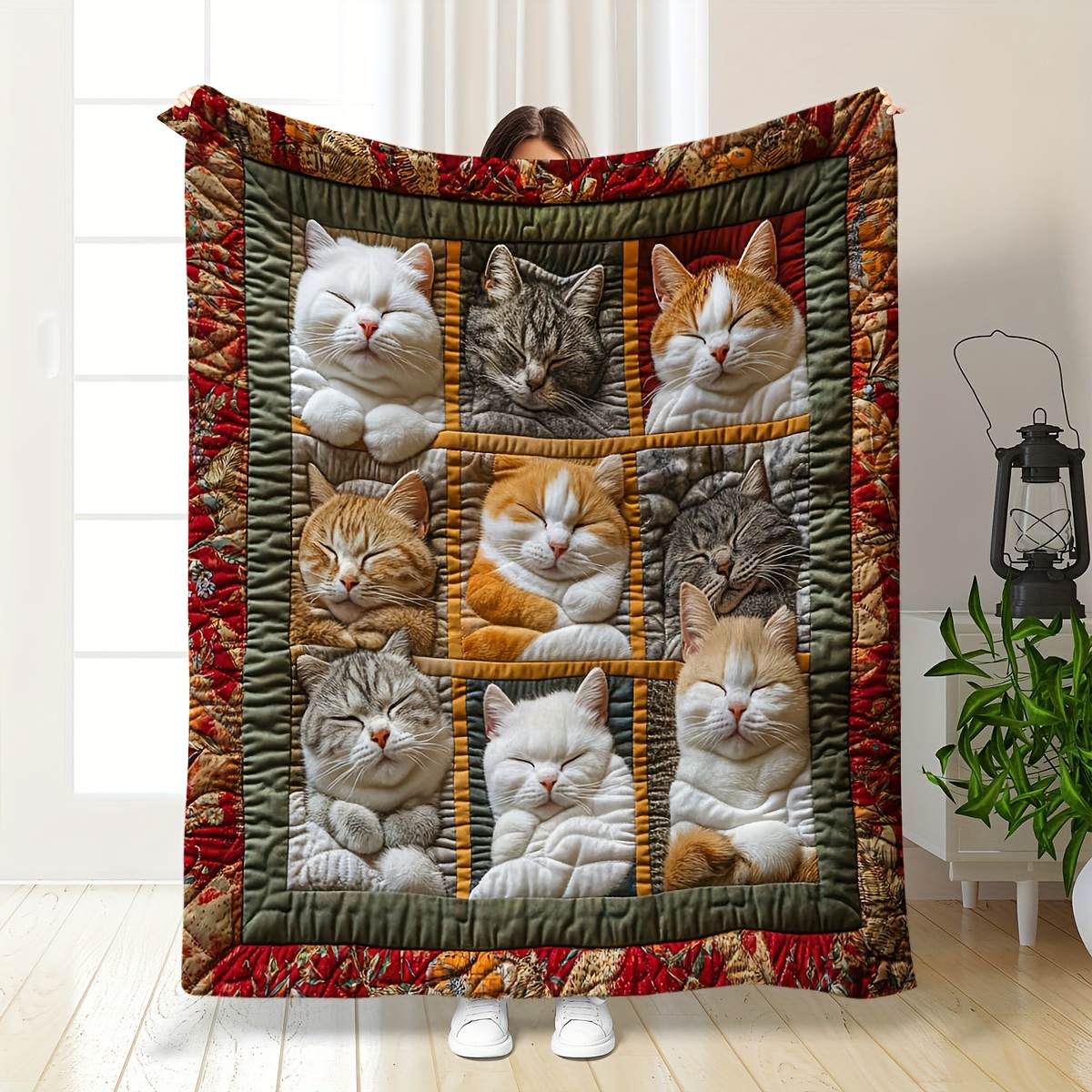 

Bohemian Style Cat-themed Flannel Blanket | Polyester Throw For All | Stain-resistant, Ideal For Sofa & | Perfect Gift For Cat Lovers, Cozy Lounging Blanket | Catthemed Decor | Soft Flannel Fabric