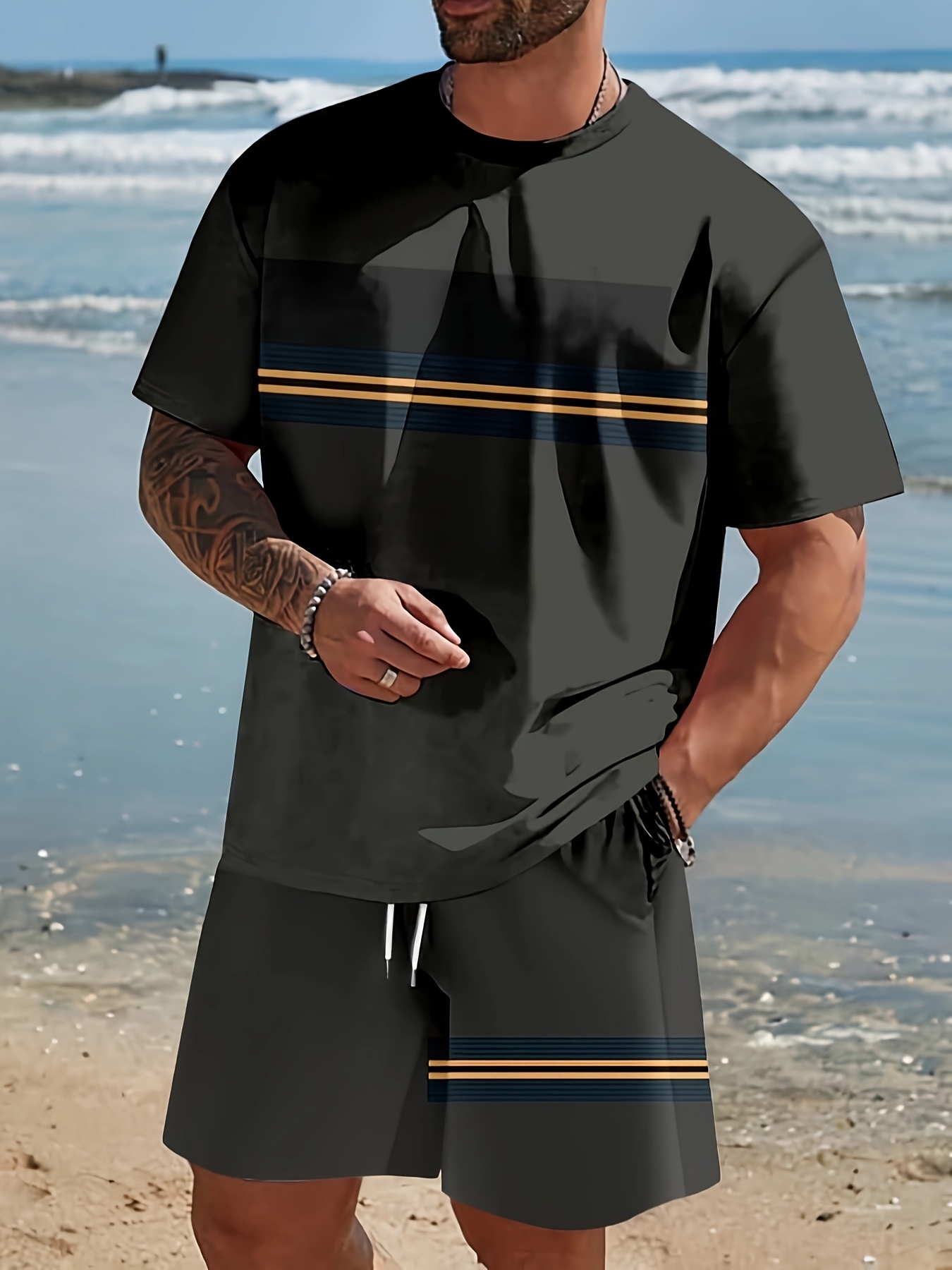 mens trendy round neck short sleeve shorts two piece set 3  print solid color blue and yellow striped   simple high definition pattern summer comfortable vacation exercise mens clothing with   style shorts