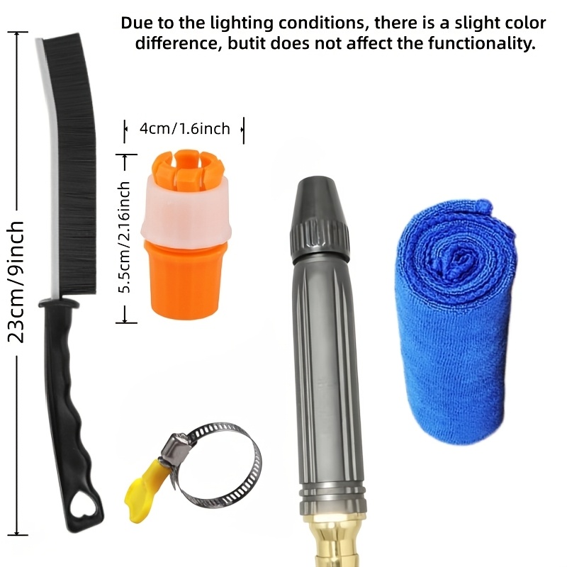 TEMU 5pcs Car Wash Kit With Water Gun, Connectors, Brushes & Cloths; Portable High-pressure Gun, Sturdy Plastic Body, Adjustable Nozzle For Cars & Motorcycles; With Ergonomic Grip And Metal Fittings