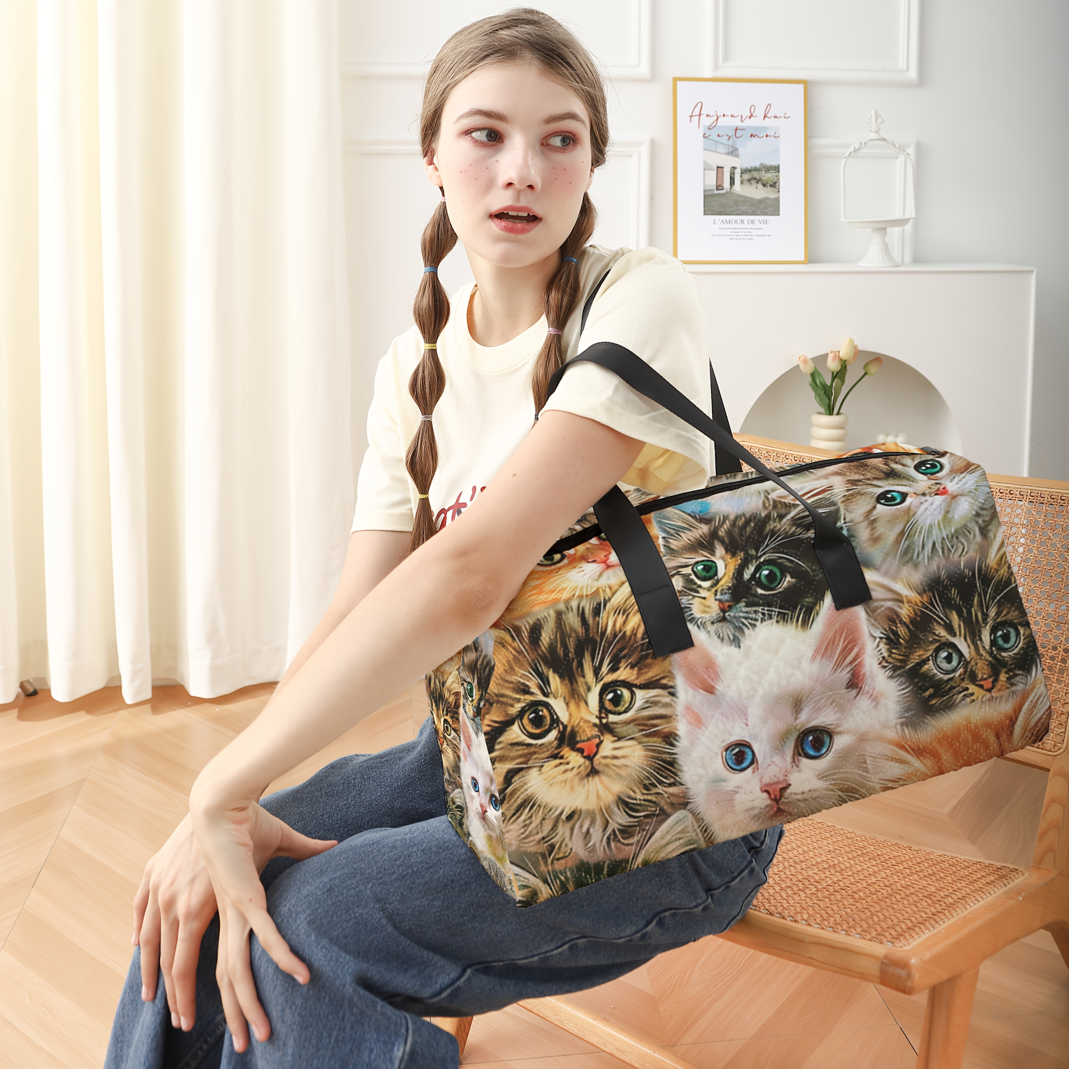 품목 사진 1pc whimsycat 폴리에스터 여행 더플 백, 신발 보관 기능이 있는 대용량 만화 고양이 프린트 수하물, 패션 오버나이트 캐리온, 요가 훈련 토트, 다용도 크로스바디 백