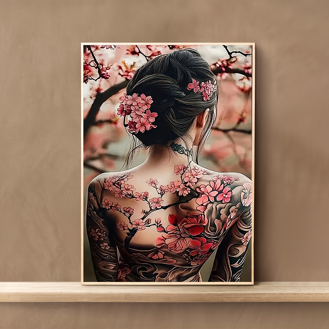 

d'art sur toile de tatouage de cerisier japonais, 12x16 pouces, décoration murale moderne, kit de peinture en diamant irrégulier, toile en matériau , pour salon, chambre à coucher, maison et bureau