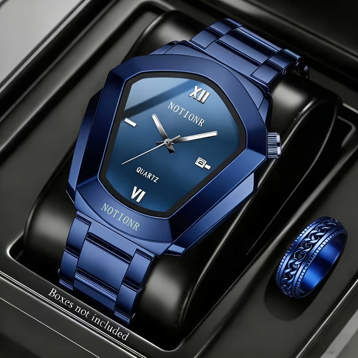 TEMU Collection Of 2 Elegant Men's Watches With Date Feature, Featuring Classic Minimalist And Stainless Steel Bands, Comes With A Ring - An Ideal