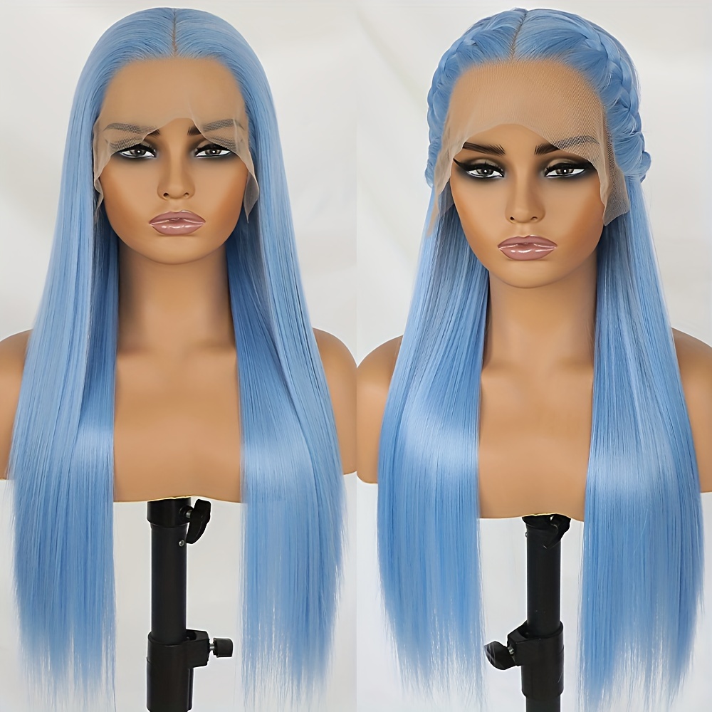 

13x4 Lace Front Wigs Light Blue Fluorescent Green Hair Long Straight Glueless Synthetic Lace Front Wig For Women 26 Inch Daily Party Cosplay Use