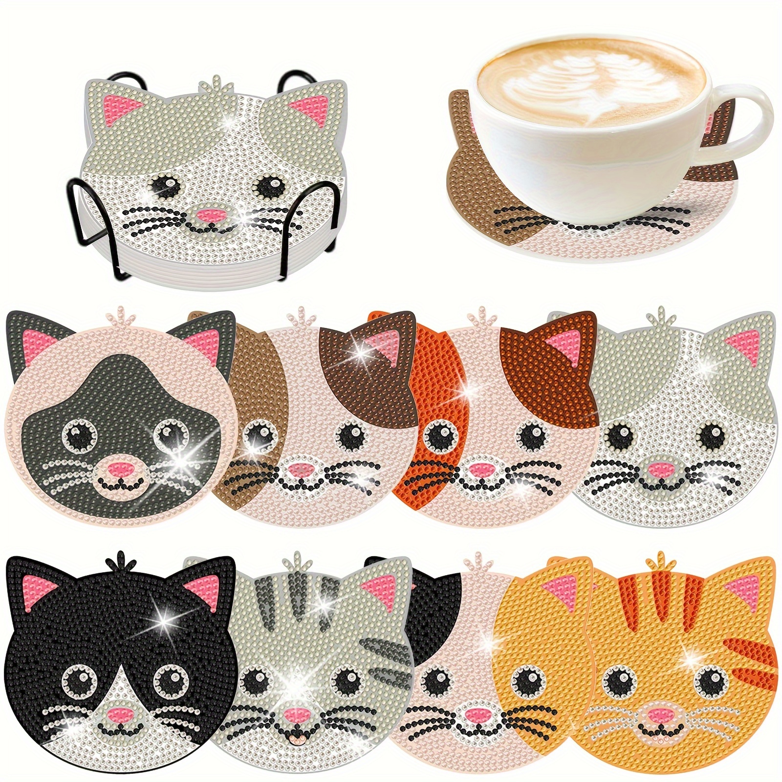 

8pcs Diy Diamond Painting Coaster Set Stand - Gem Art Cat , Kit For Adults & Beginners,