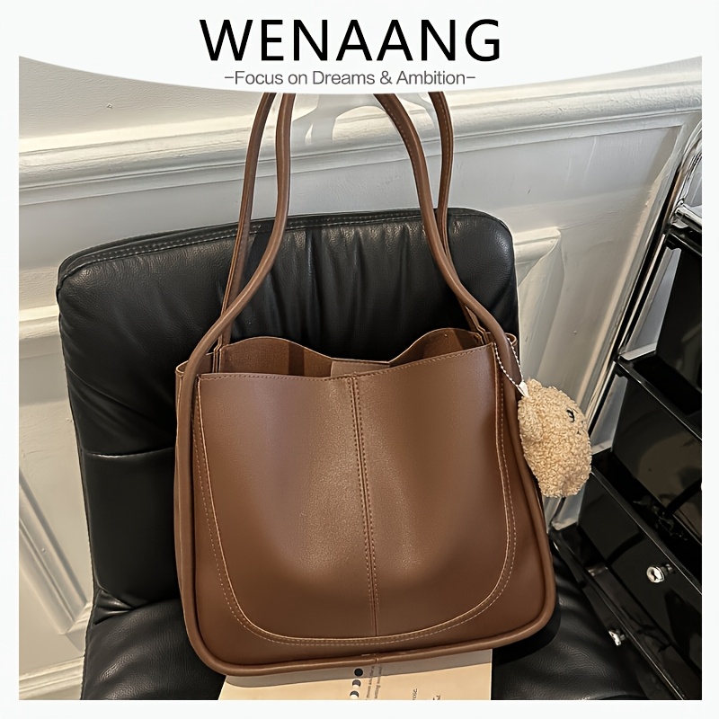Image of 1pc Women's Vintage Pu Tote Bag Large Capacity Shoulder Handbag Design Magnetic Button Closure With Plush Pendant For Women/ For Commuting/shopping/ Travel
