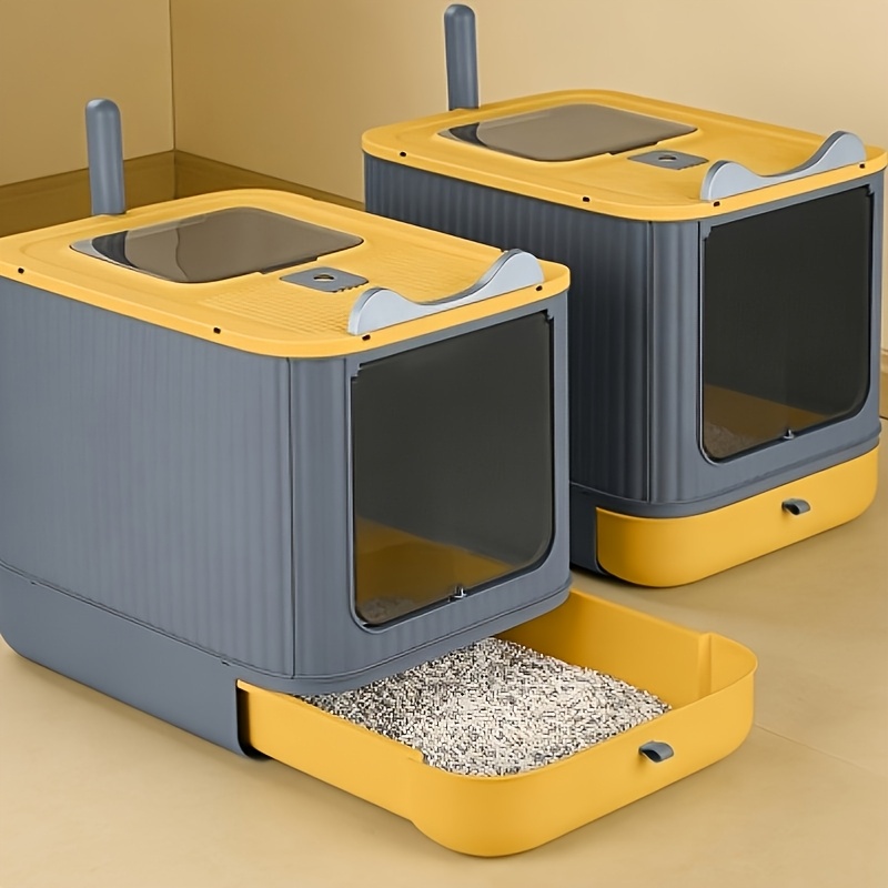 Image of Set Of 2 Enclosed Cat Litter Boxes - Thickened Pc Material, Large 51x36x34cm Hooded Litter Pan, & Privacy, Easy-clean, For Multi-cat Households & Indoor Use, Without Battery