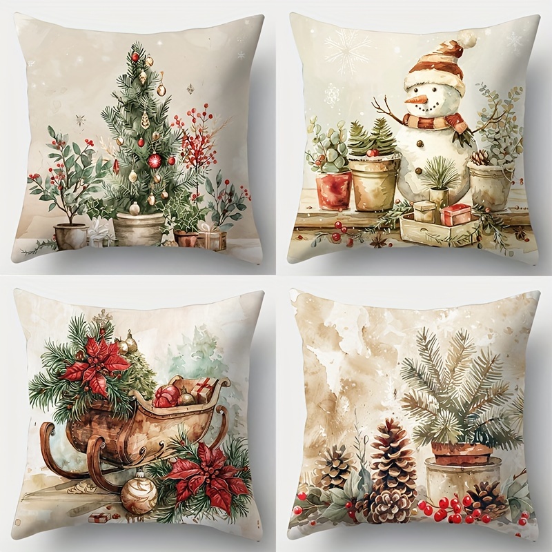 

4-pack Christmas Themed Throw Pillow Covers, 17.72x17.72 Inches, Contemporary Style, Polyester, Zipper Closure, Printed Sleigh & Snowman Design, Hand Wash Only, For Living Room Sofa, Bedroom Decor