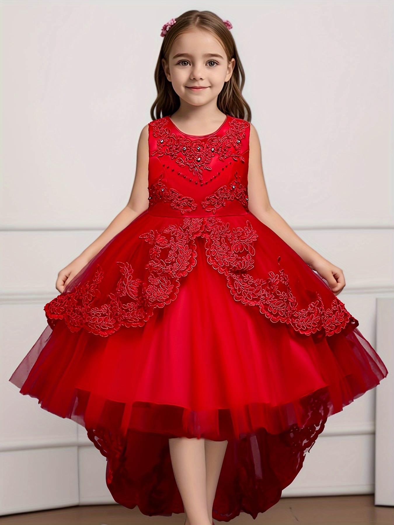 Hot Selling European and American Children's Formal Dress Princess Dress,  Girls' Sleeveless Round Neck Beaded Tulle Train Dress